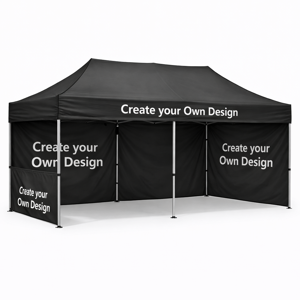 Black pop-up canopy tent with 'Create your Own Design' text on a white background